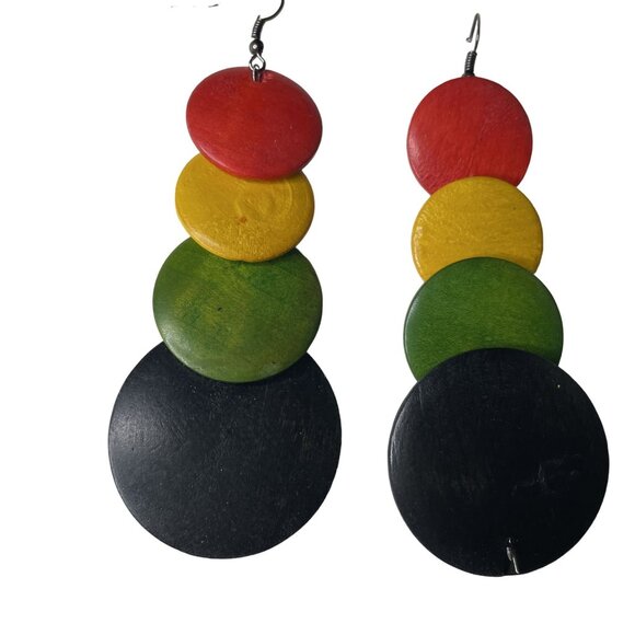 Wooden Circle Drop Earrings Rasta Inspired Boho Drop u - Picture 4 of 6